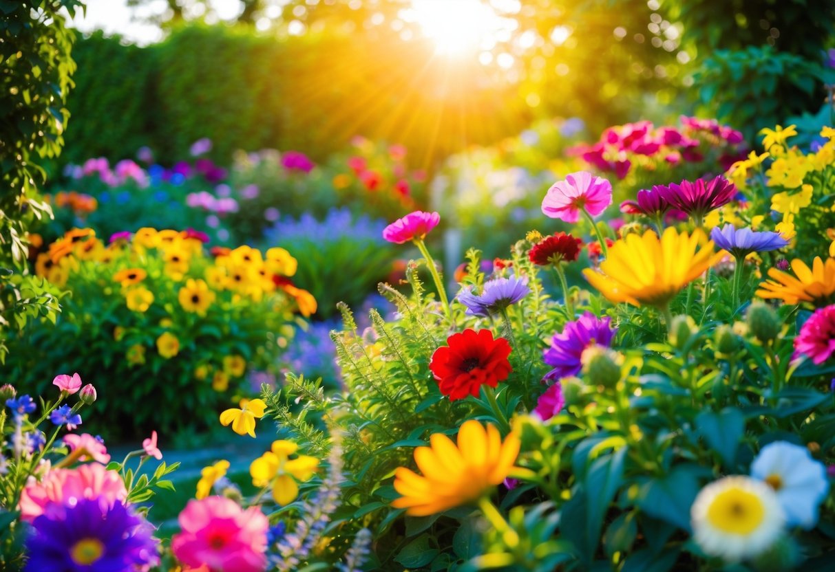 A vibrant garden with a variety of colorful flowers in full bloom, surrounded by lush greenery and bathed in warm sunlight