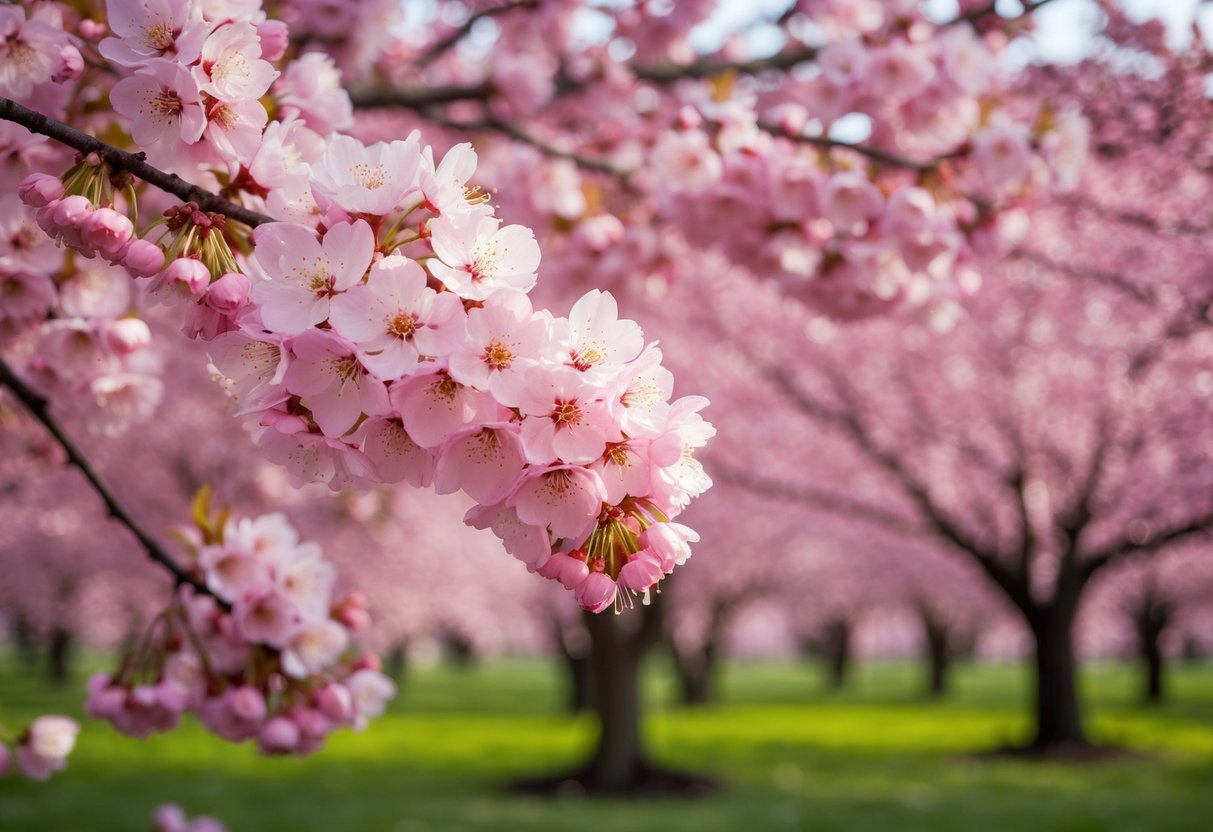 A field of vibrant pink cherry blossoms in full bloom, with delicate petals fluttering in the breeze