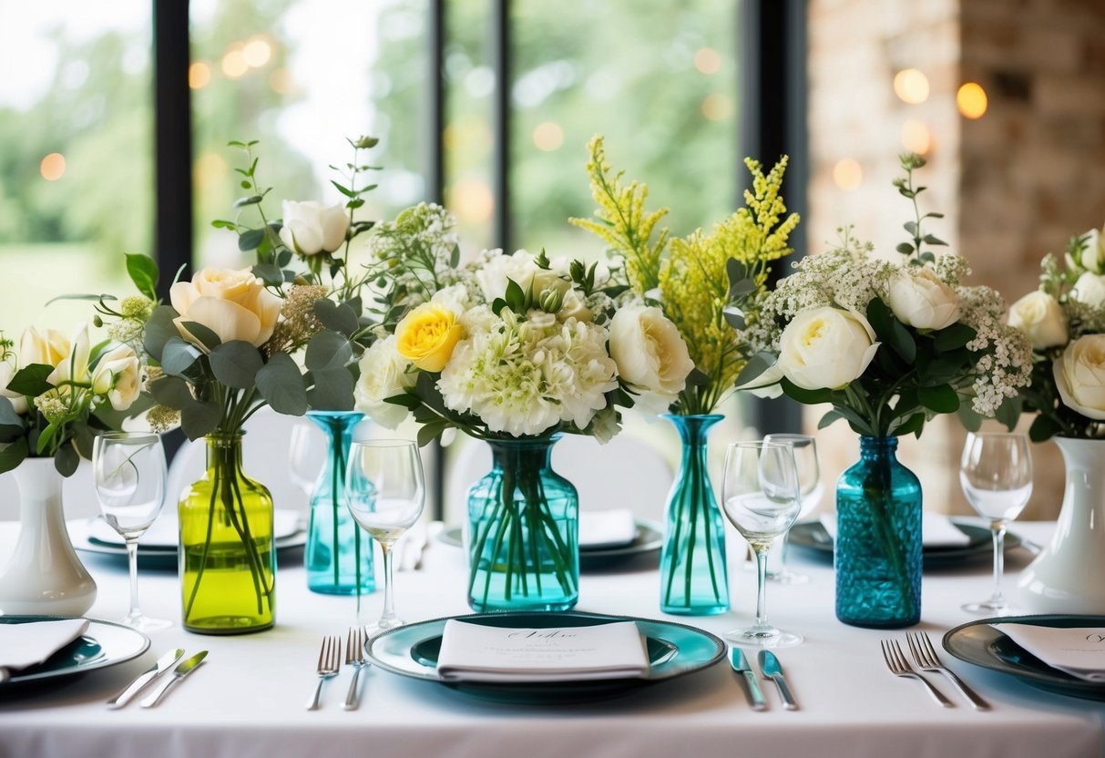 A table set with a mix of fresh and fake flowers in various vases for a wedding centerpiece