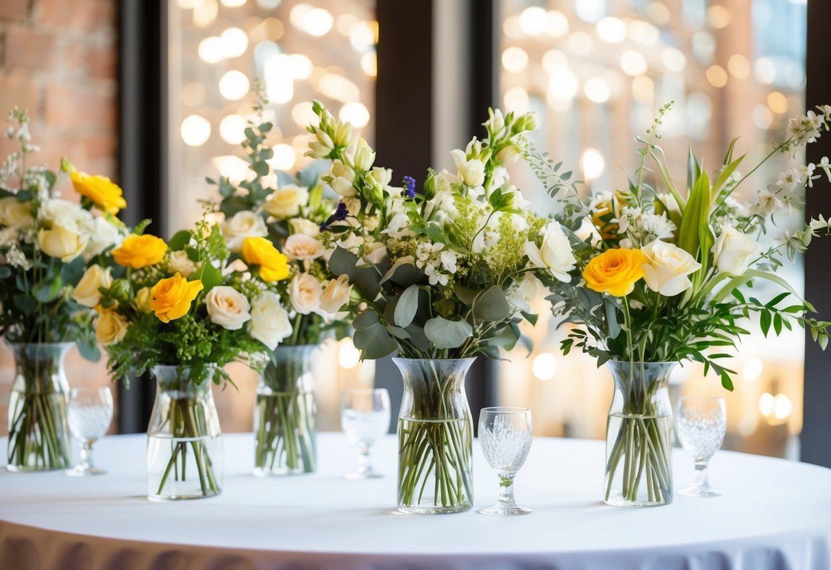 A table with a mix of fresh and fake flowers arranged in vases for a wedding