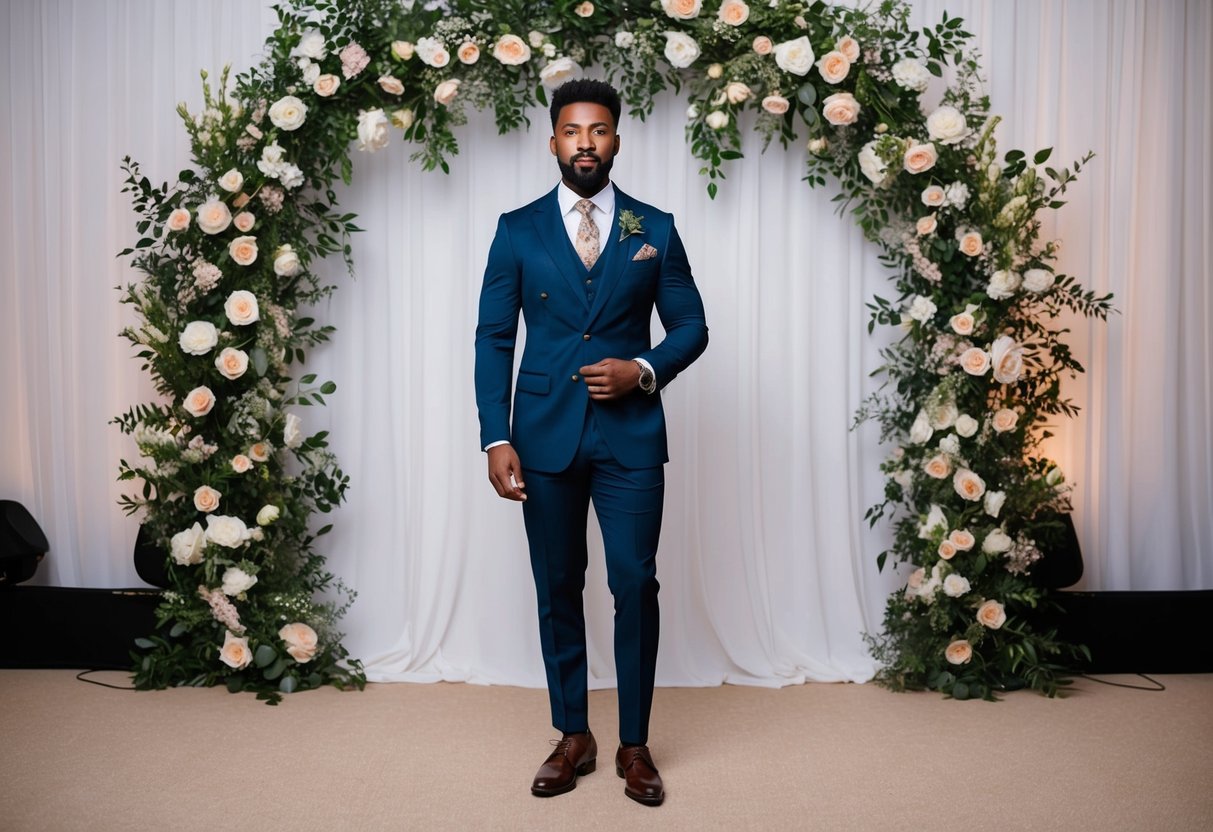 A dapper male guest in a tailored suit and tie, with polished dress shoes, holding a stylish pocket square, standing against a backdrop of elegant floral decorations