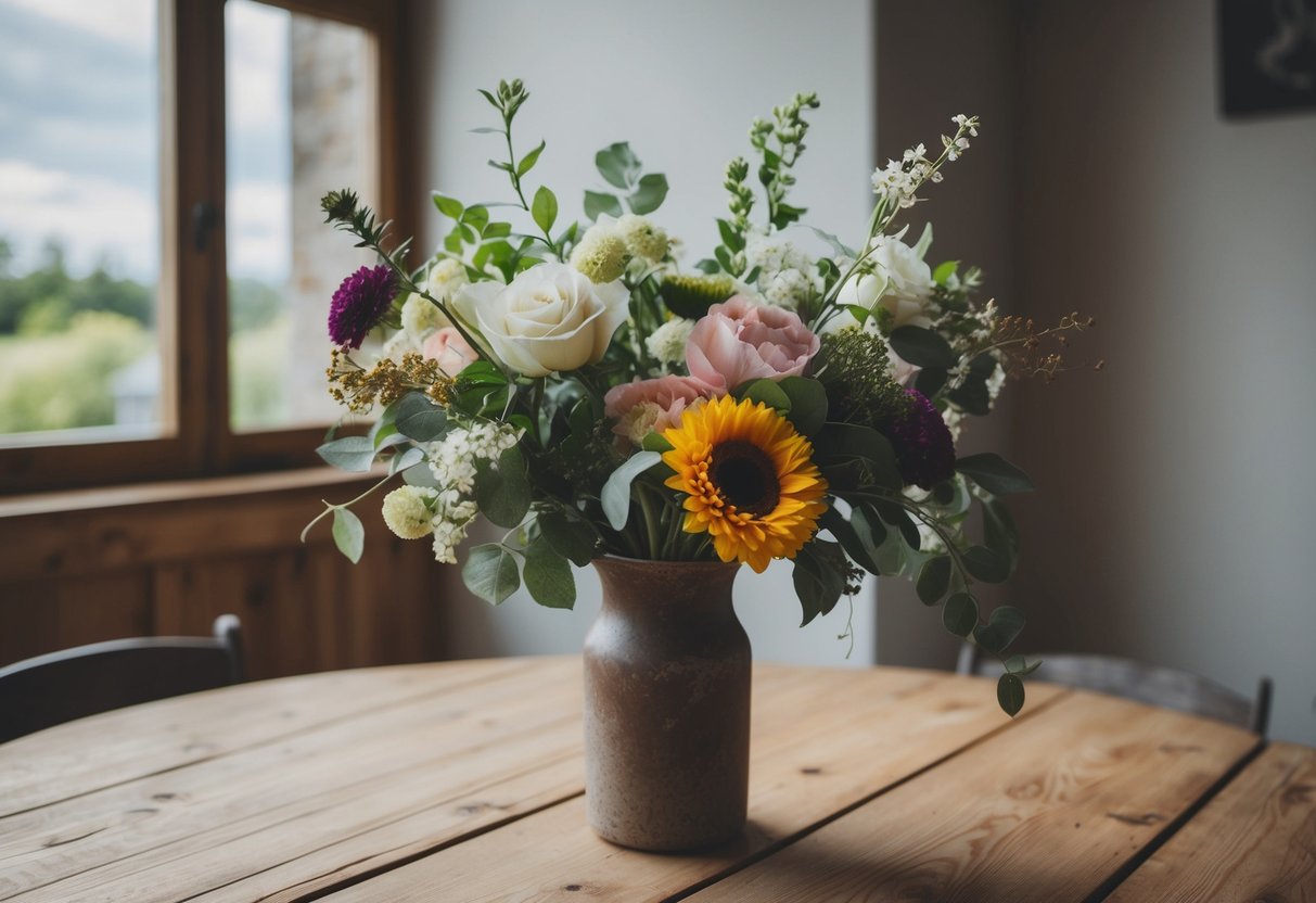 A wedding bouquet with a mix of fresh and fake flowers arranged in a rustic vase on a wooden table