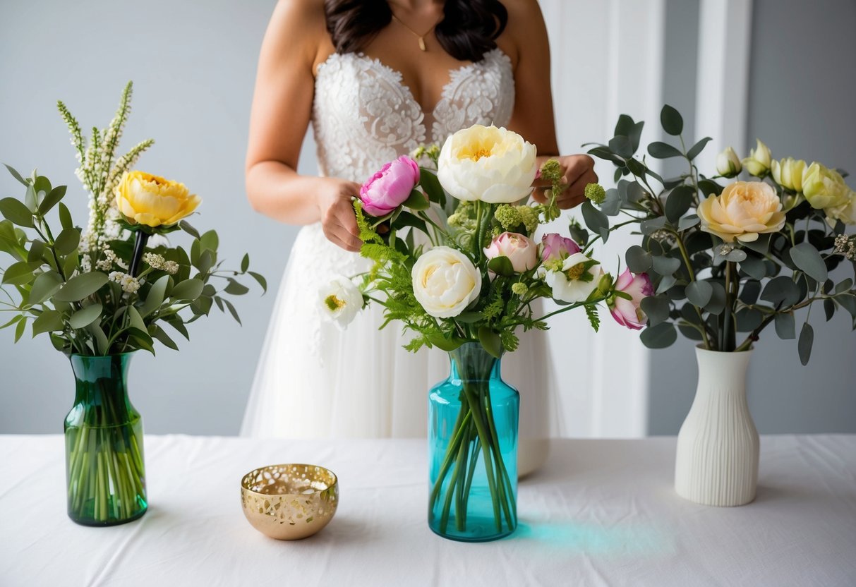 A bride arranges a mix of fresh and fake flowers in vases, creating a budget-friendly and beautiful wedding decor