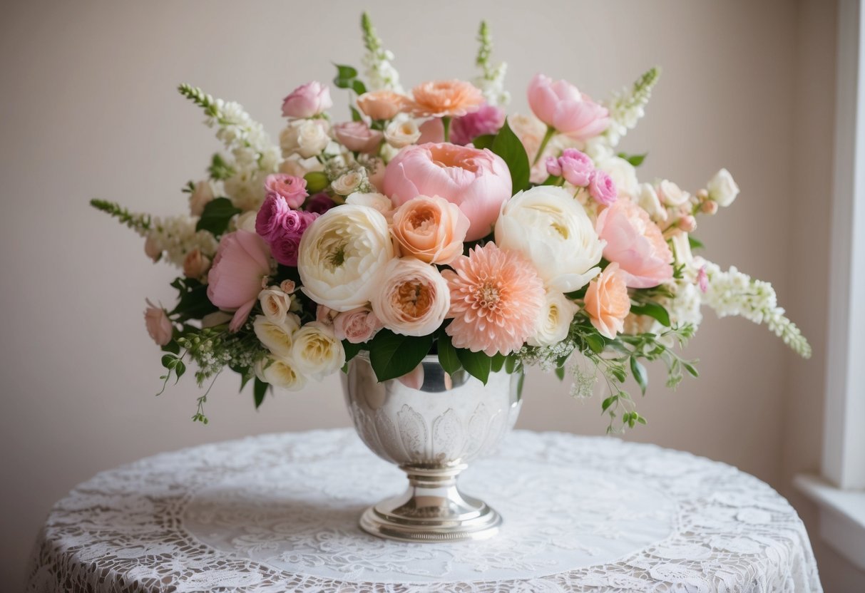 A vibrant bouquet of pastel pink, cream, and peach flowers arranged in a silver vase on a lace-covered table