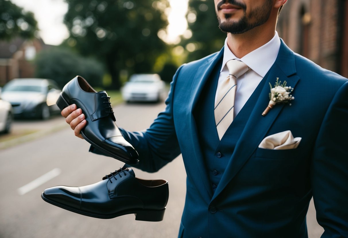 A well-dressed male with a sharp suit, polished shoes, and a stylish tie, adding a pocket square and cufflinks for a wedding