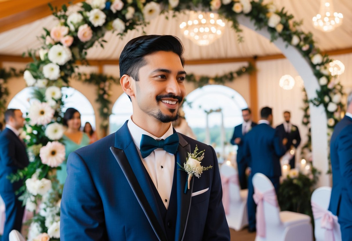 A male guest in formal attire, accessorized to match the special wedding theme, standing in a decorative venue with floral and thematic decor