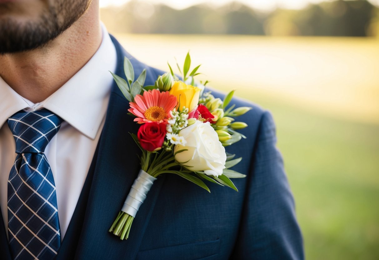A beautiful bouquet of fresh flowers pinned to a formal suit lapel