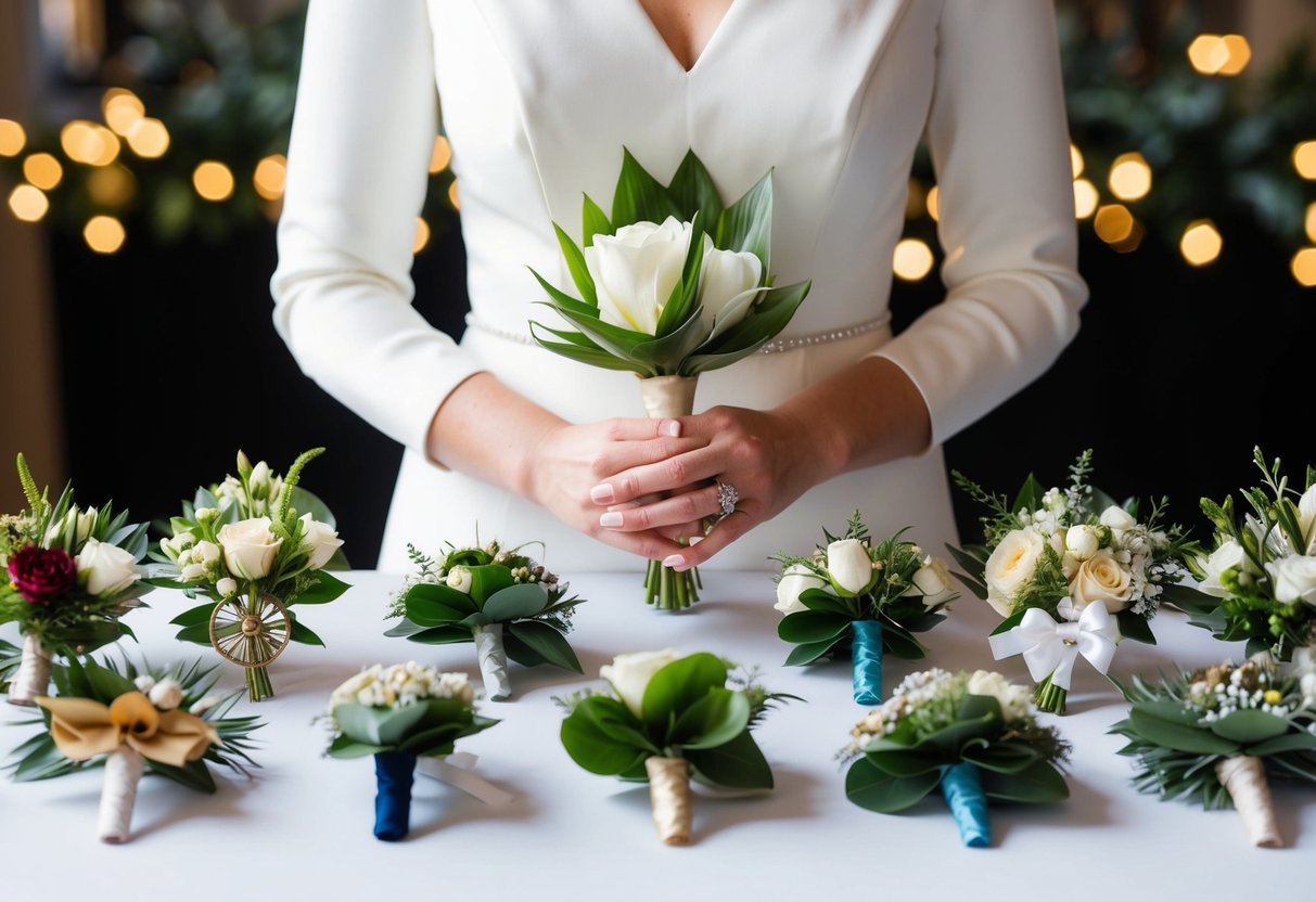 A bride holding a modern wedding corsage, surrounded by vintage and contemporary corsage styles displayed on a table, showcasing the evolution of the tradition