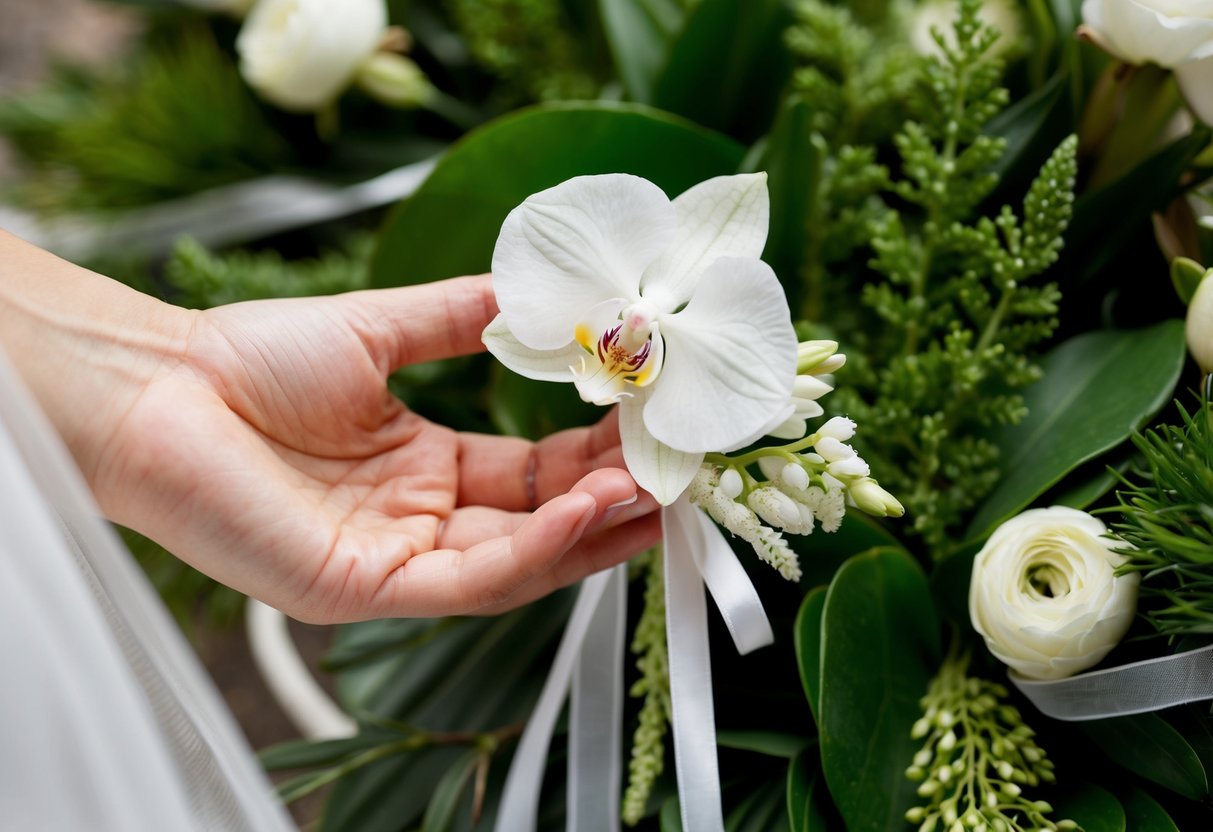 A bride's hand reaches for a delicate white orchid corsage, surrounded by lush greenery and delicate ribbon