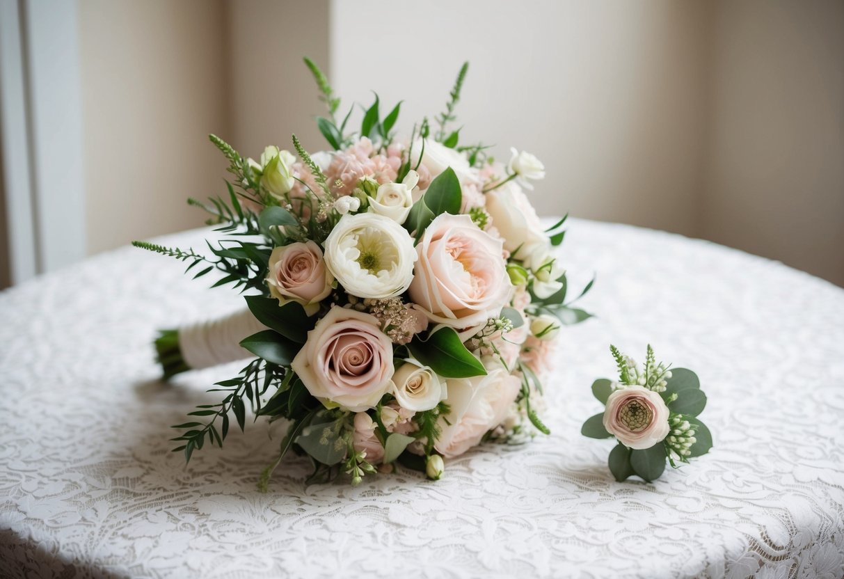 A delicate bridal bouquet with a matching corsage, featuring soft pastel flowers and elegant greenery, sits on a lace-covered table