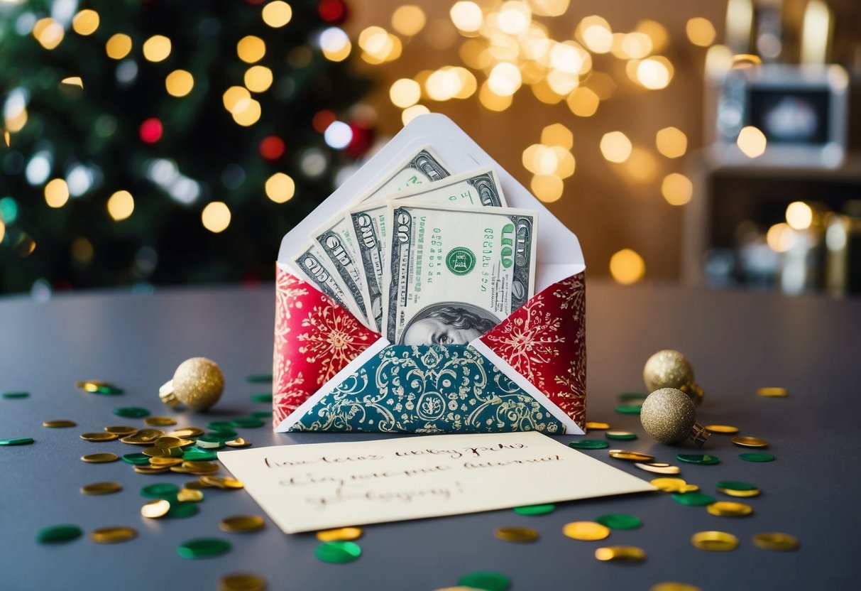 A decorative envelope with cash inside, surrounded by festive confetti and a handwritten note on a table