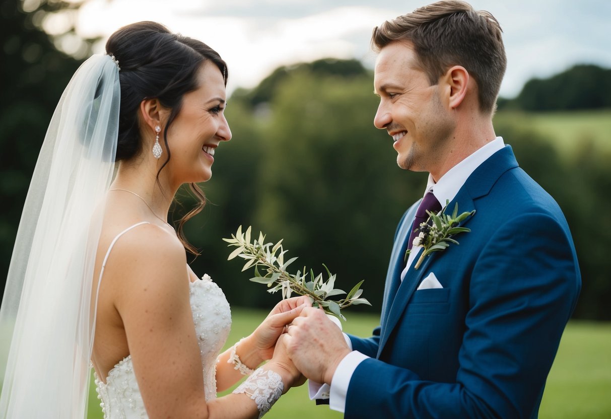 A bride and groom exchanging a sprig of myrtle