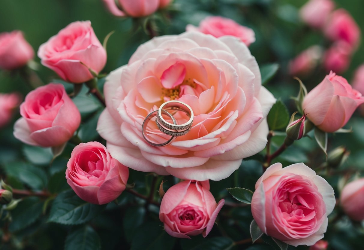 A blooming rose bush surrounded by intertwined wedding rings