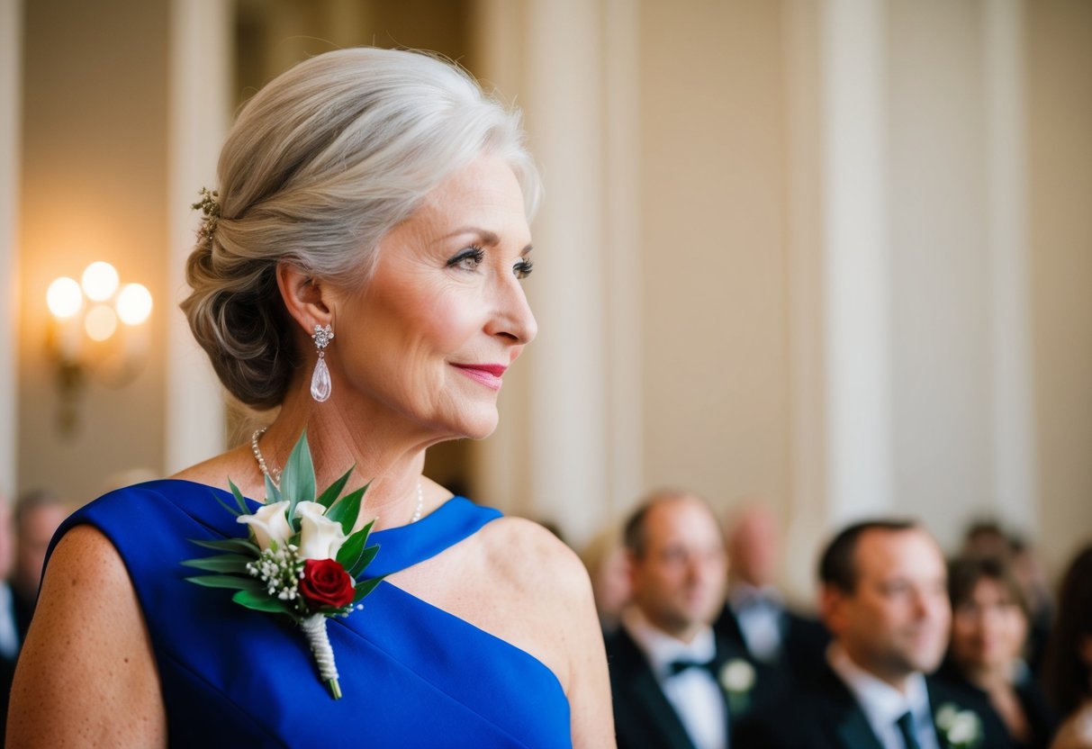 A lady wearing a corsage on her left side while attending a formal event