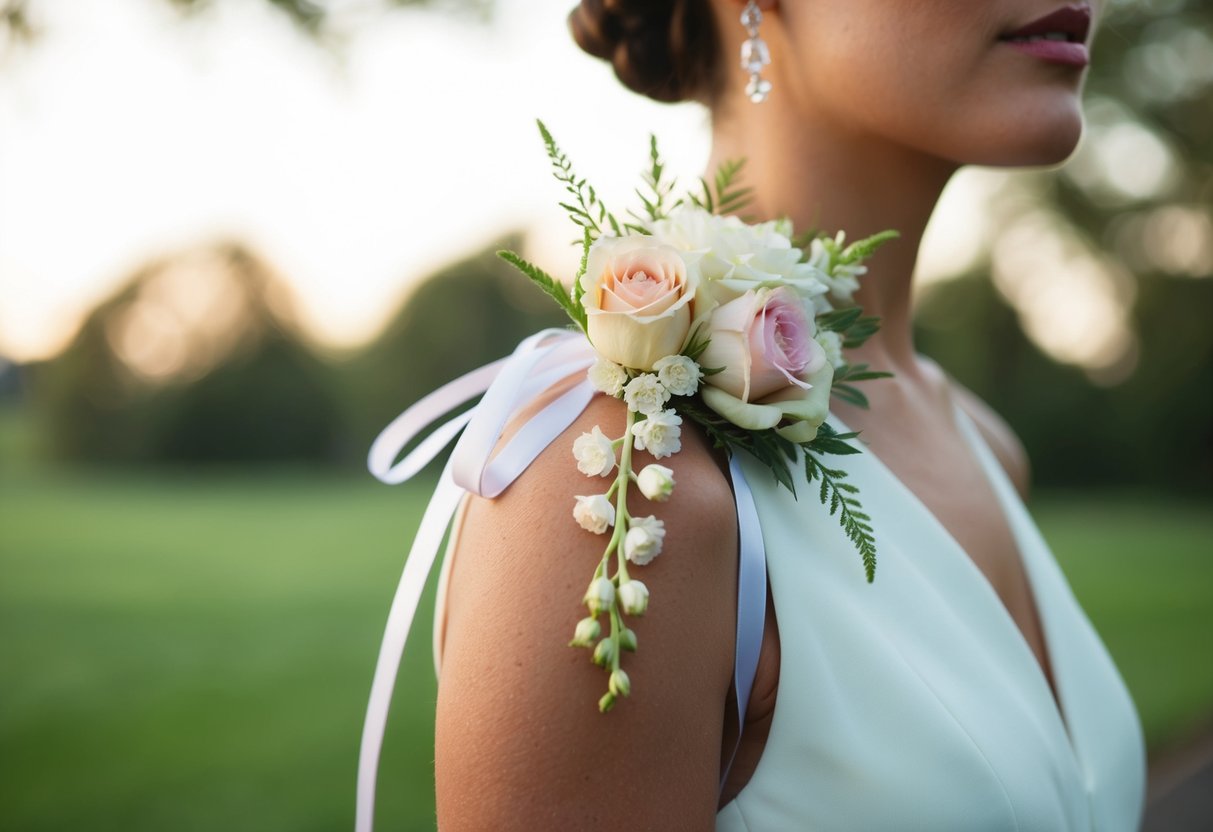 A lady's corsage pinned on her left shoulder, delicate flowers and ribbon cascading down