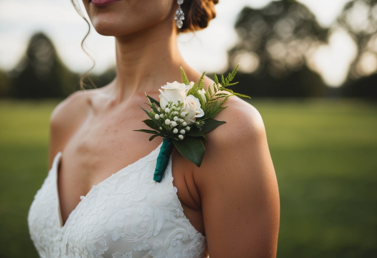 A woman's corsage pinned on her left side, near the shoulder, complementing her outfit for a wedding