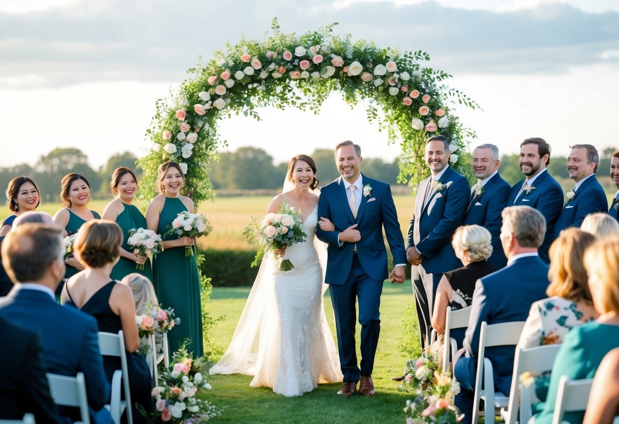 A joyful outdoor wedding ceremony with a beautiful arch, flowers, and smiling guests