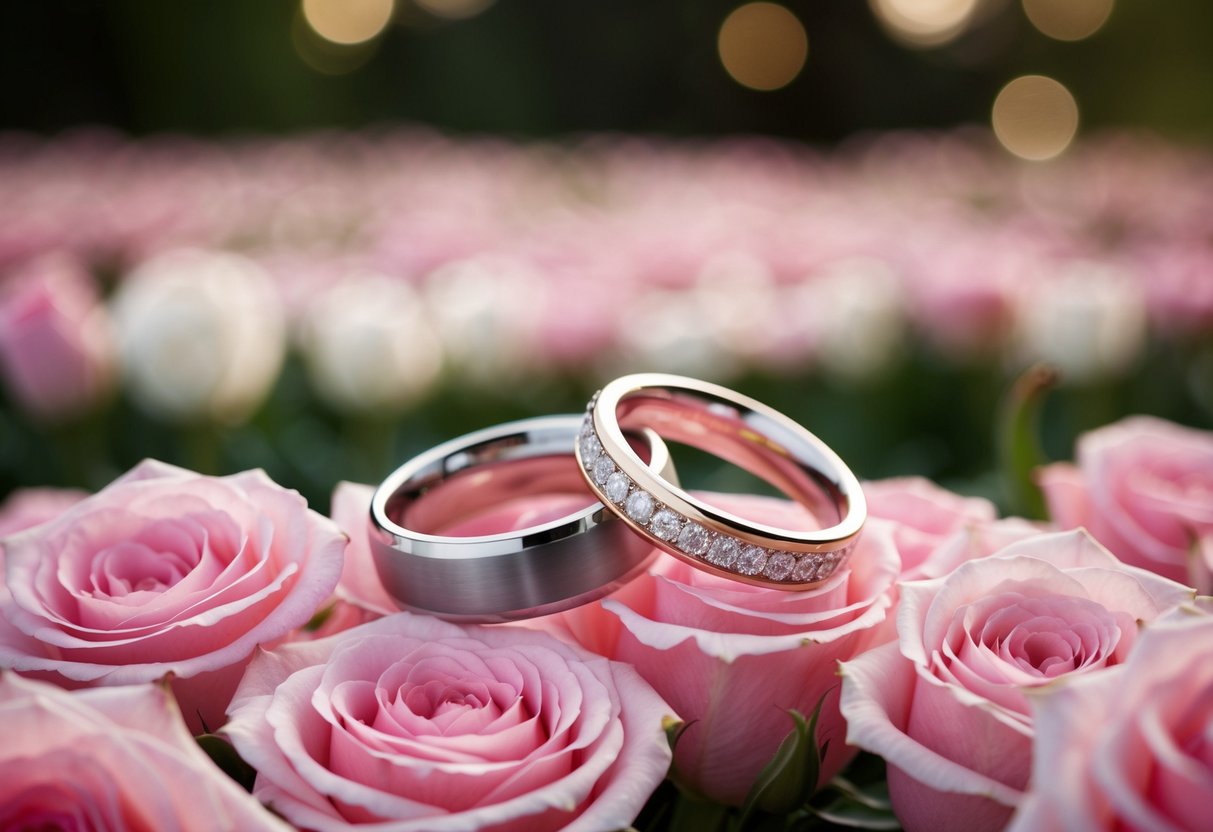 A pair of entwined wedding rings resting on a bed of roses