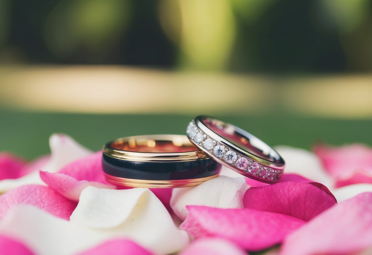 A pair of entwined wedding rings resting on a bed of rose petals