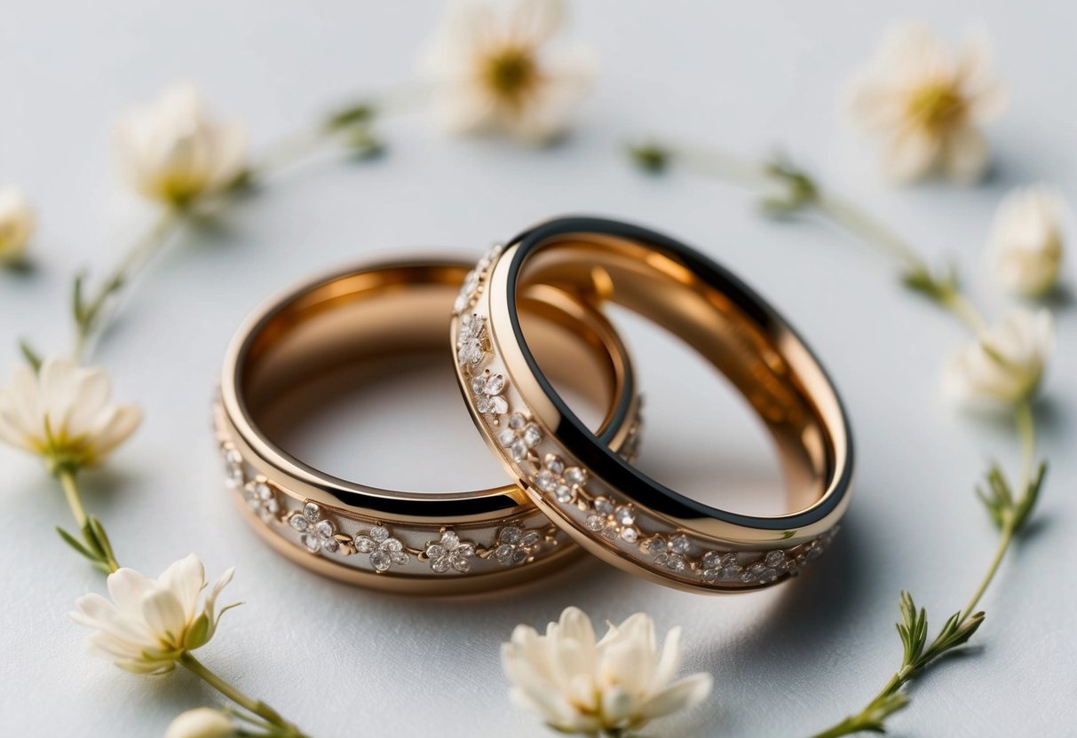 A pair of interlocking wedding rings, surrounded by delicate floral designs, symbolizing love and unity in marriage