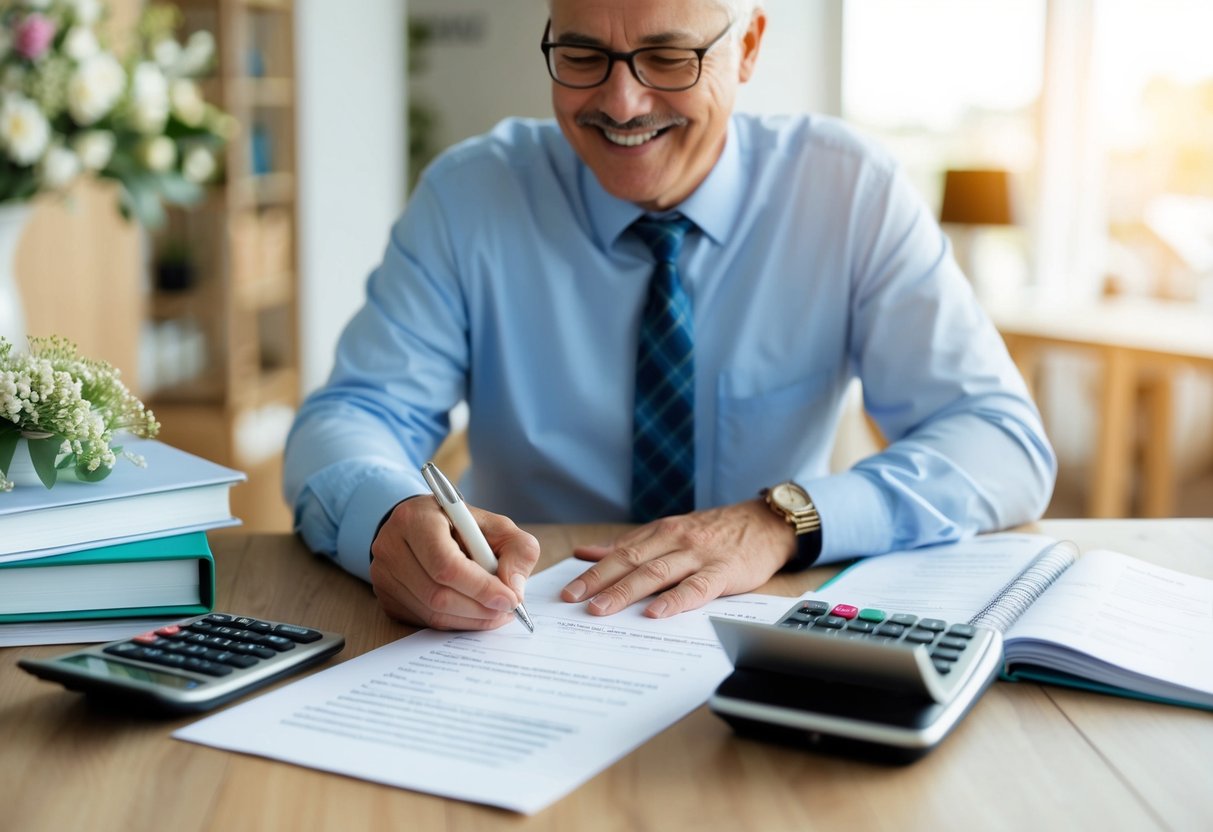 A parent writing a check with a smile, surrounded by wedding planning books and a calculator