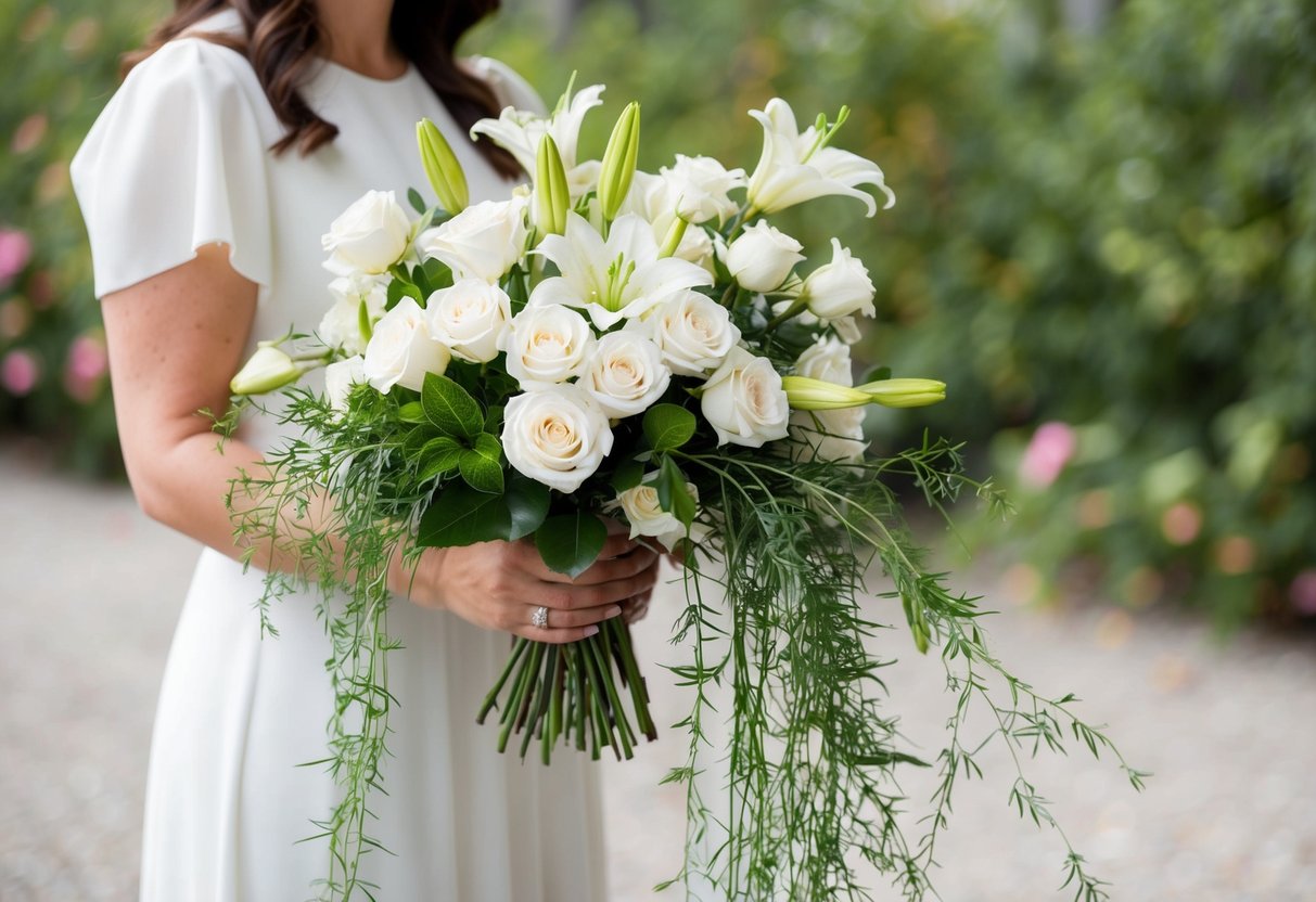 A woman holds a bouquet of white roses and lilies, with delicate greenery cascading down