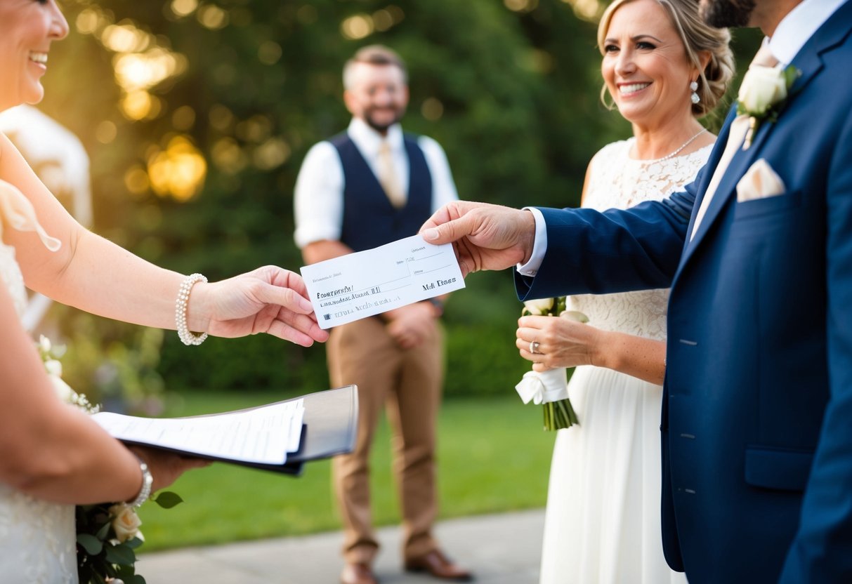 A parent handing over a check to a wedding vendor, with a smile on both their faces