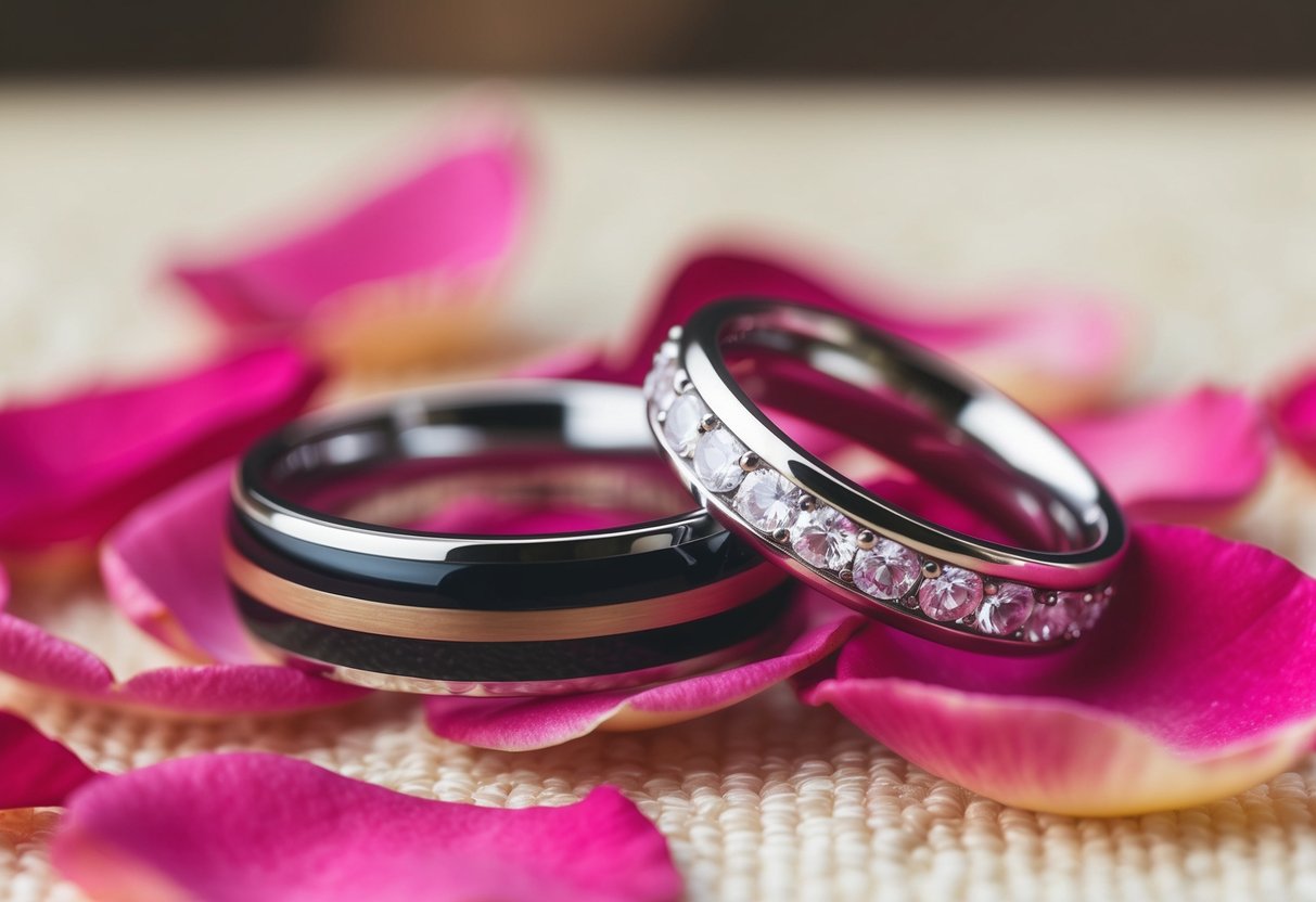 A pair of entwined wedding rings resting on a bed of rose petals