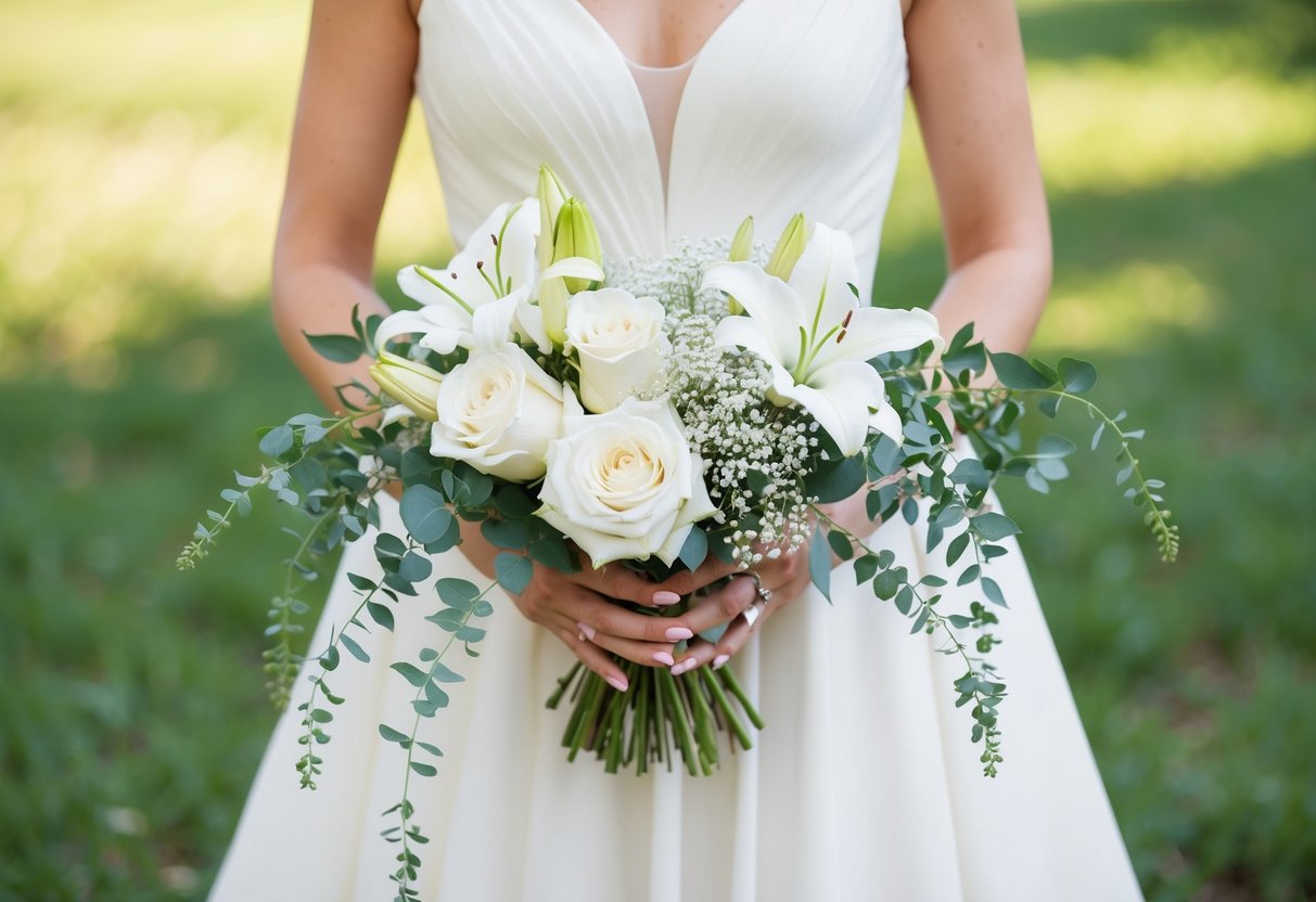 A woman in an elegant gown holds a bouquet of white roses, lilies, and baby's breath, with delicate greenery cascading from her hands