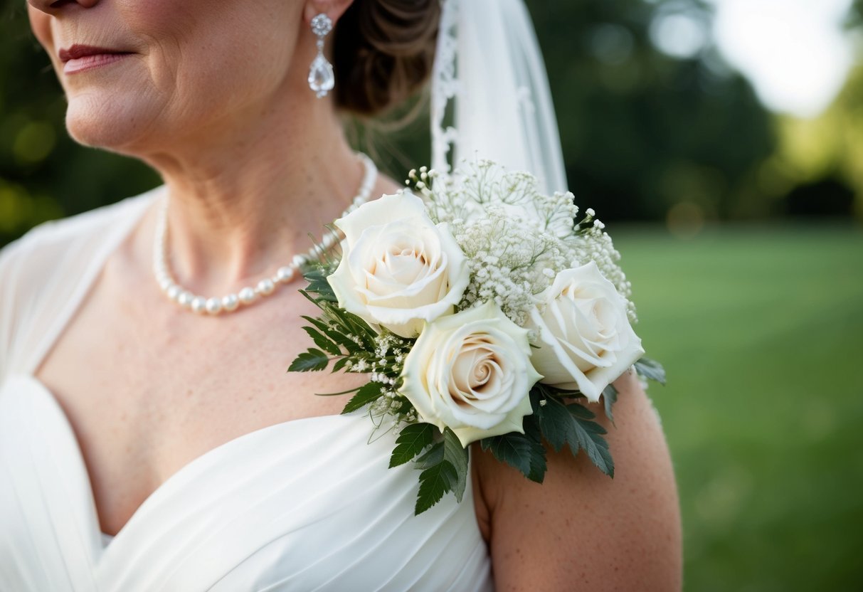 A mother of the bride wears a delicate corsage of white roses and baby's breath pinned to her elegant dress