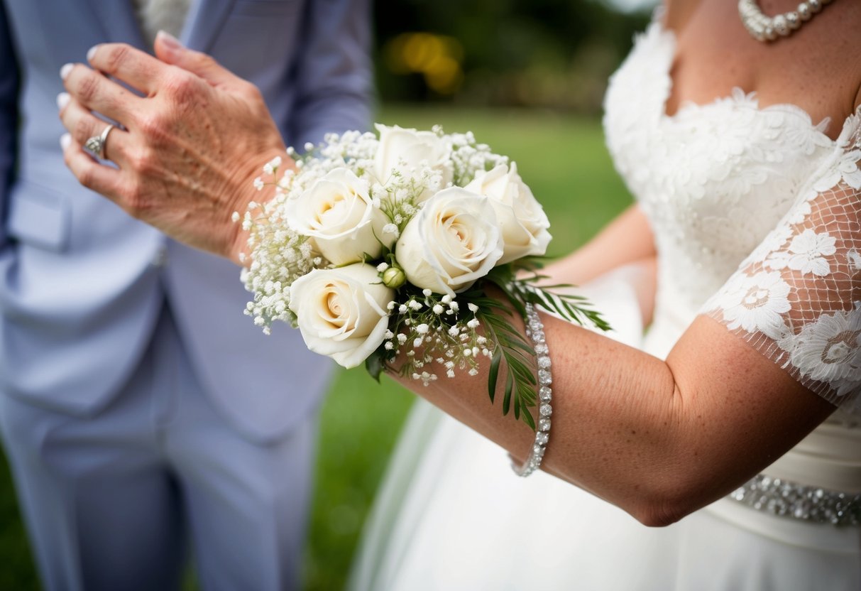 The mother of the bride wears a delicate corsage of white roses and baby's breath on her wrist