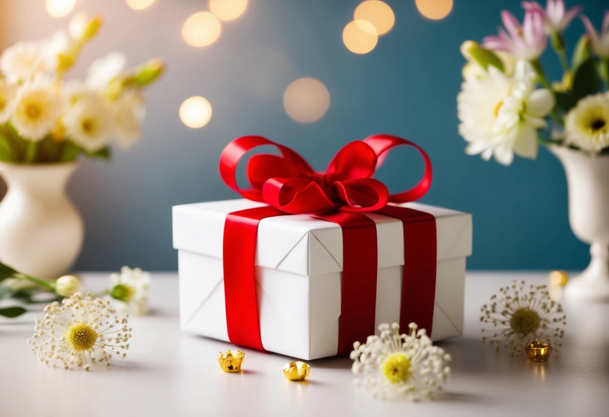 A beautifully wrapped gift box sits on a table, surrounded by delicate flowers and elegant decorations