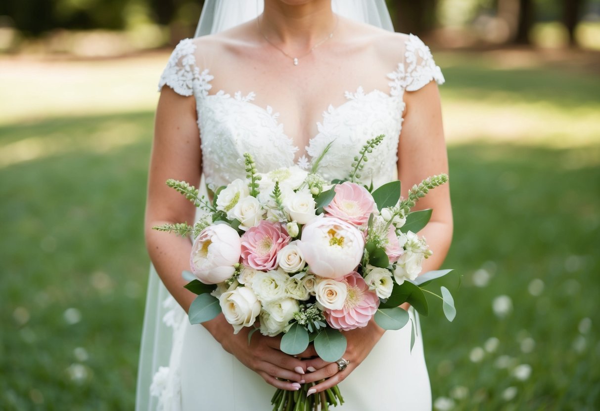 A bride holding a bouquet of soft pink, white, and green flowers