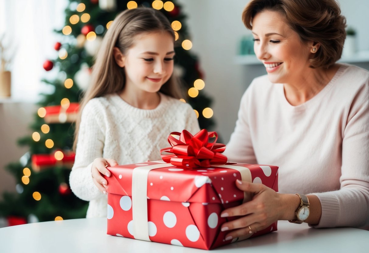 A mother presents a beautifully wrapped gift to her daughter, filled with sentimental value and love