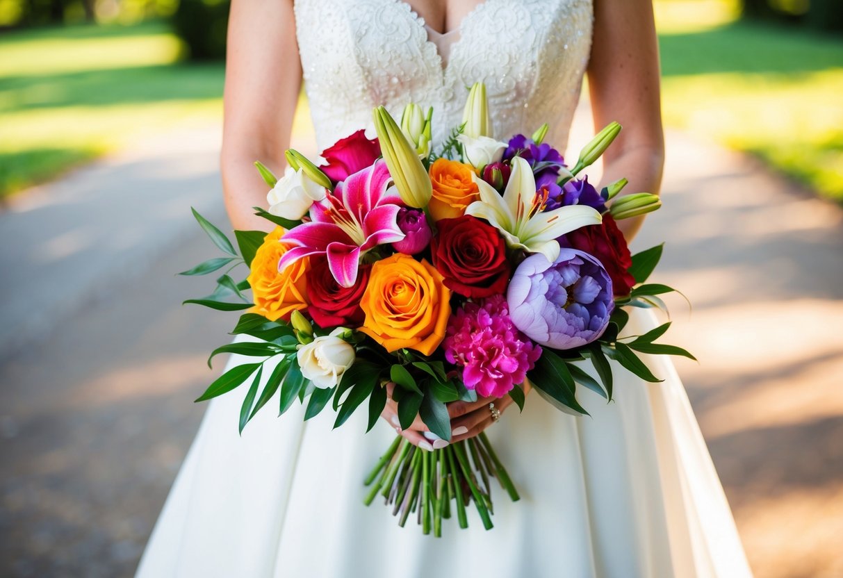 A bride holds a bouquet of colorful flowers, including roses, lilies, and peonies. The vibrant blooms create a stunning contrast against her white gown
