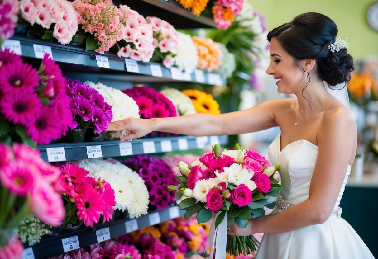 A bride selects a vibrant pink and white bouquet from a display of various colored flowers at a florist shop