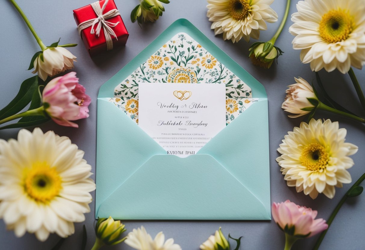 A decorative envelope with a wedding card inside, surrounded by flowers and a small gift