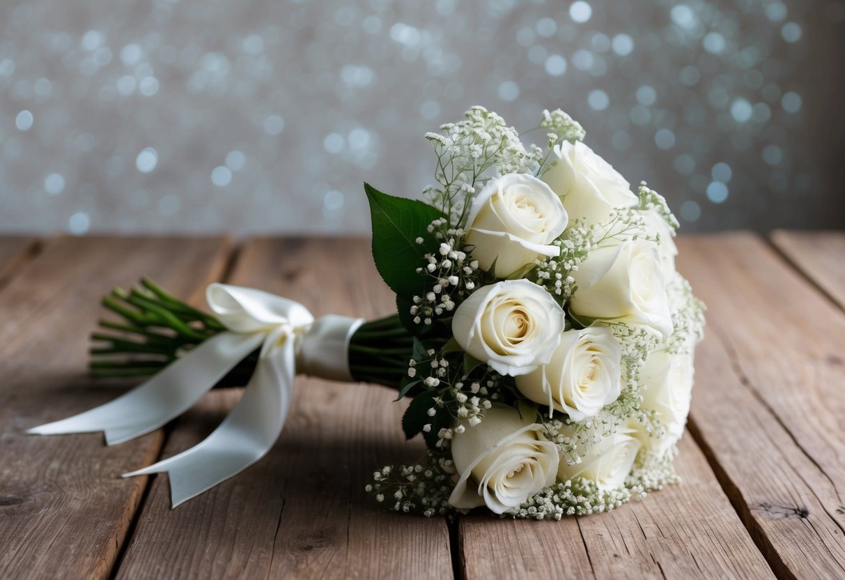 A bouquet of white roses and baby's breath, tied with a satin ribbon, sits on a rustic wooden table