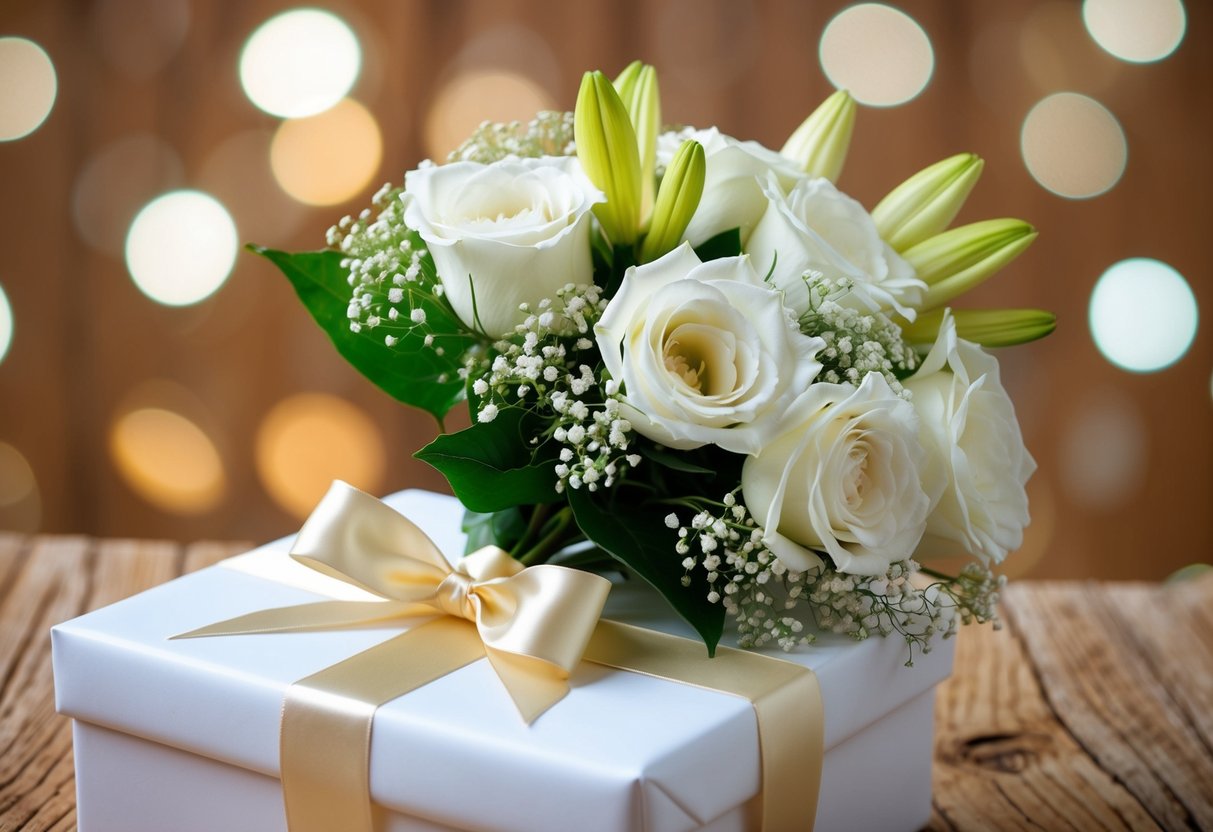 A bouquet of white roses, lilies, and baby's breath tied with a satin ribbon, resting on a beautifully wrapped gift box