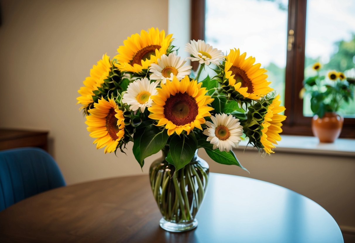 A bouquet of sunflowers and daisies in a vase on a table