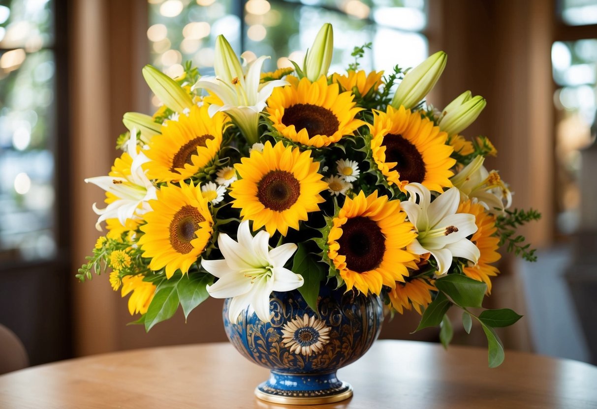 A vibrant bouquet of sunflowers, daisies, and lilies arranged in a decorative vase, symbolizing congratulations