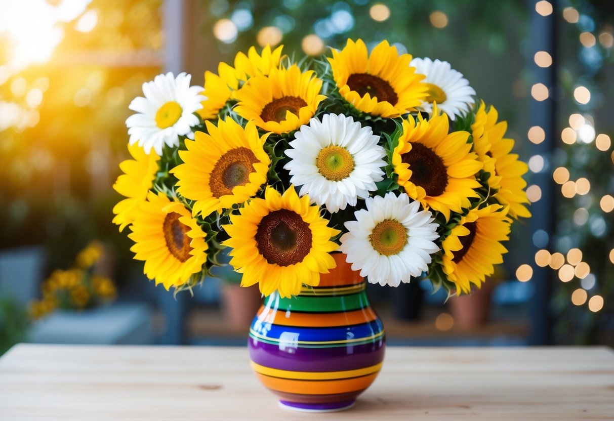 A bouquet of vibrant sunflowers and cheerful daisies arranged in a colorful vase, symbolizing congratulations