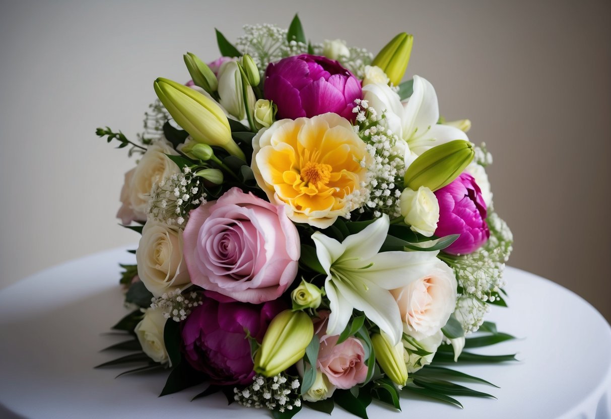 A bridal bouquet with a variety of flowers: roses, peonies, lilies, and baby's breath, arranged in a cascading style