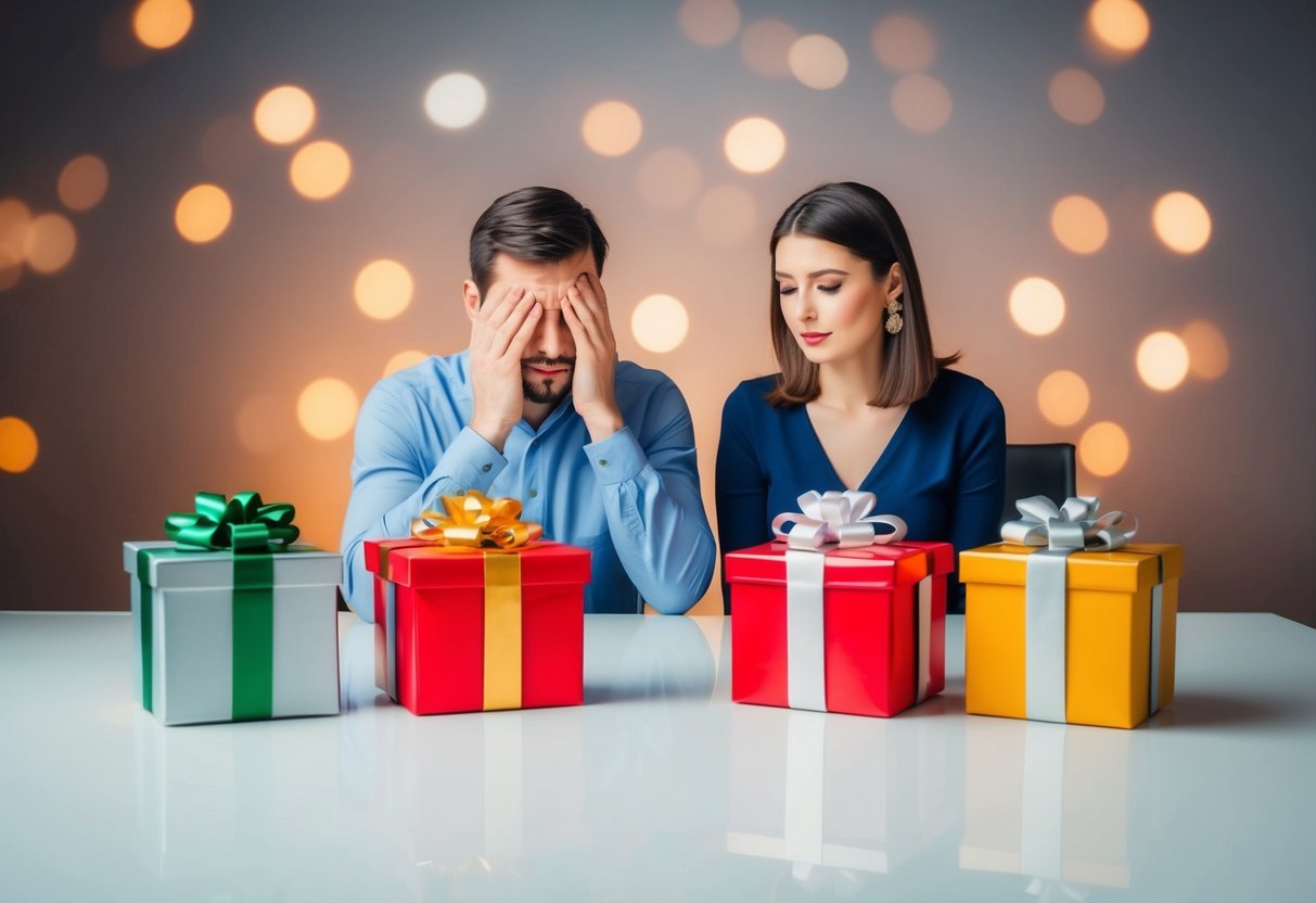 A table with empty gift boxes and a disappointed couple looking at them