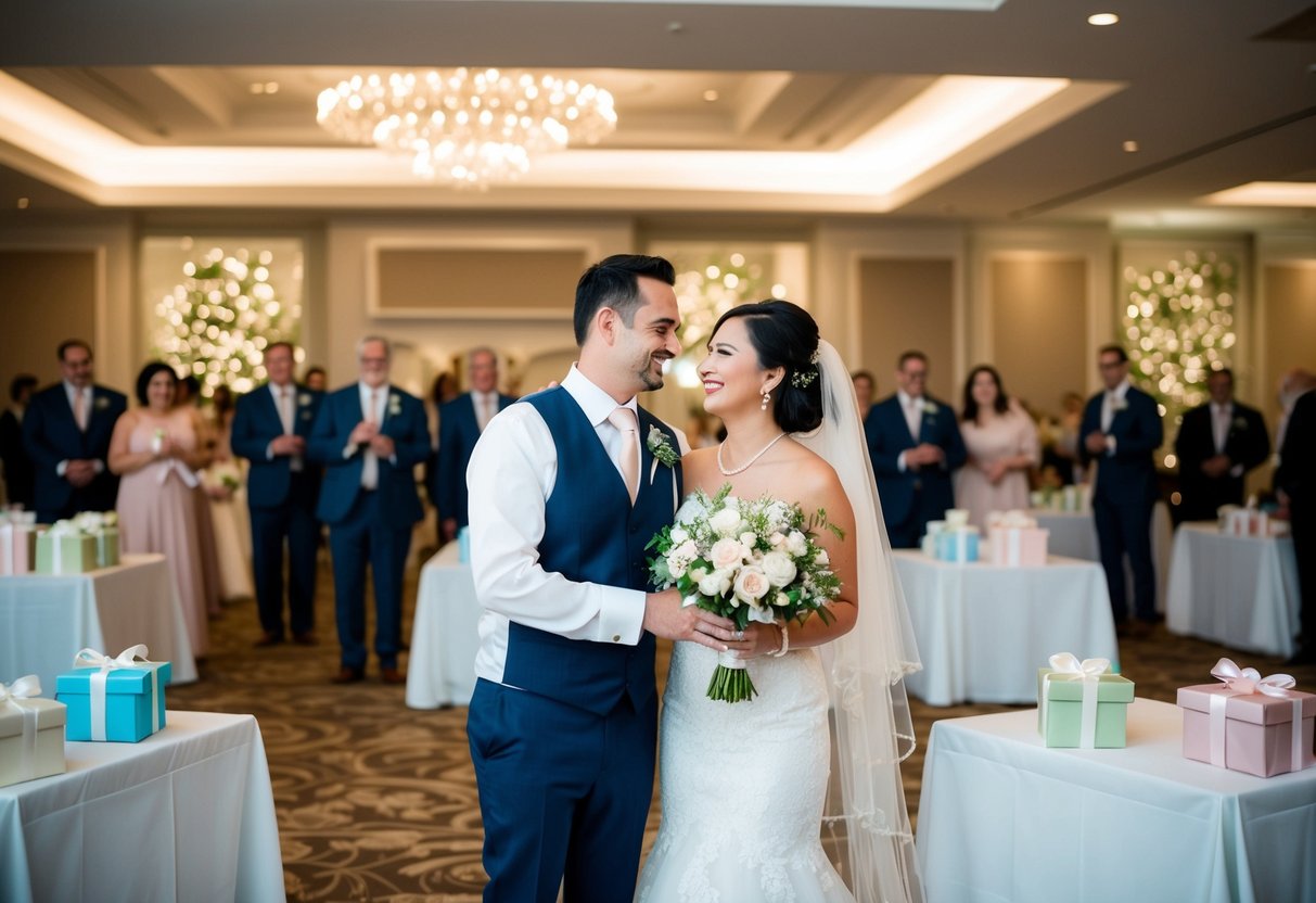 A newlywed couple graciously thanks their wedding guests, surrounded by empty gift tables and a beautifully decorated reception hall