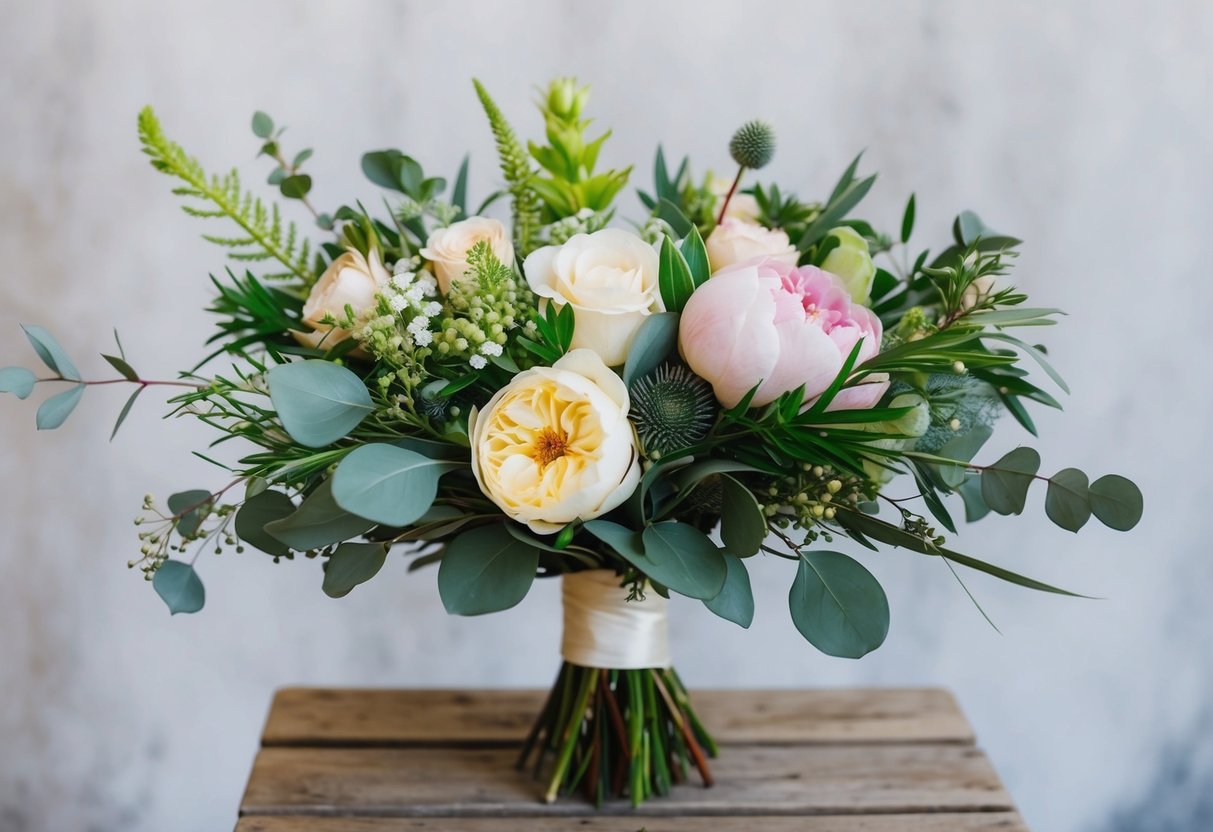 A bridal bouquet featuring a variety of greenery and unique elements, including at least three different types of flowers, such as roses, peonies, and eucalyptus