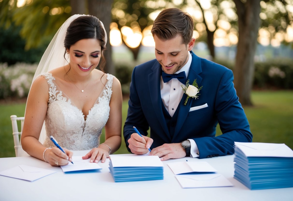 A bride and groom sitting at a table, writing thank you notes with a stack of blank cards and envelopes in front of them