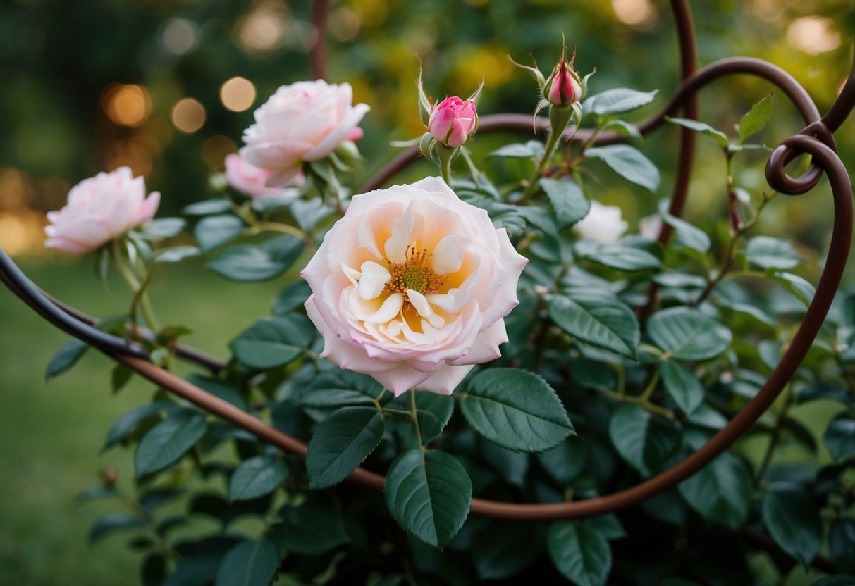A blooming rose bush surrounded by two intertwined vines
