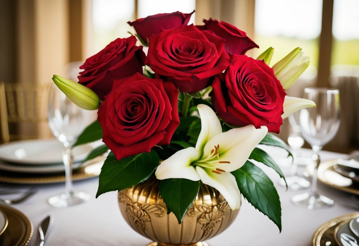 A blooming red rose intertwined with a delicate white lily, symbolizing love and marriage, sits in an ornate vase on a beautifully set table