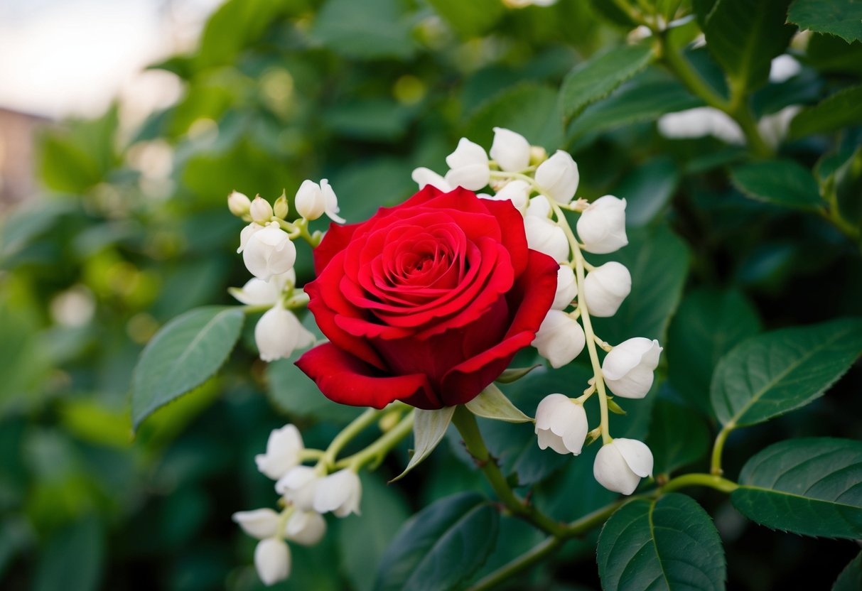 A blooming red rose entwined with a delicate white jasmine vine, symbolizing love and marriage, set against a backdrop of lush green foliage